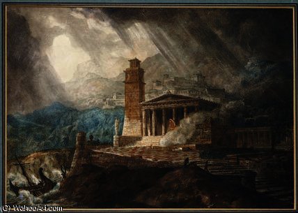 Wikioo.org - Encyklopedia Sztuk Pięknych - Malarstwo, Grafika Joseph Michael Gandy - A Capriccio of a Roman Port during a Storm
