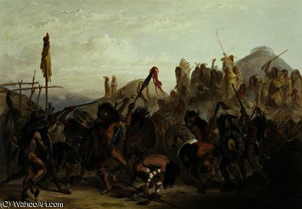 Wikioo.org - The Encyclopedia of Fine Arts - Painting, Artwork by Karl Bodmer - Bison-Dance of the Mandan Indians in front of their