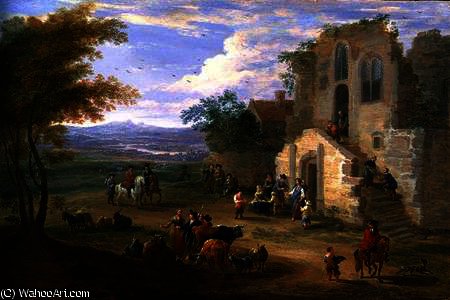 WikiOO.org - אנציקלופדיה לאמנויות יפות - ציור, יצירות אמנות Mathys Schoevaerdts - Villagers Conversing by a Ruined Church
