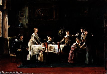 WikiOO.org - Encyclopedia of Fine Arts - Lukisan, Artwork Mihaly Munkacsy - Visiting the New Baby