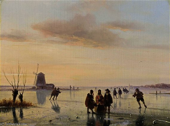 WikiOO.org - Encyclopedia of Fine Arts - Lukisan, Artwork Nicolaas Johannes Roosenboom - A winter landscape with figures on the ice