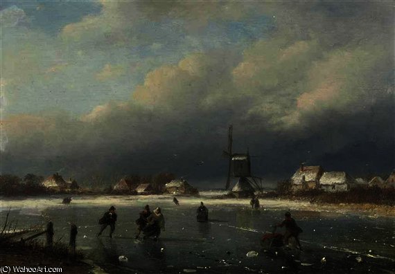WikiOO.org - Encyclopedia of Fine Arts - Lukisan, Artwork Nicolaas Johannes Roosenboom - A winter landscape with skaters and a mill beyond