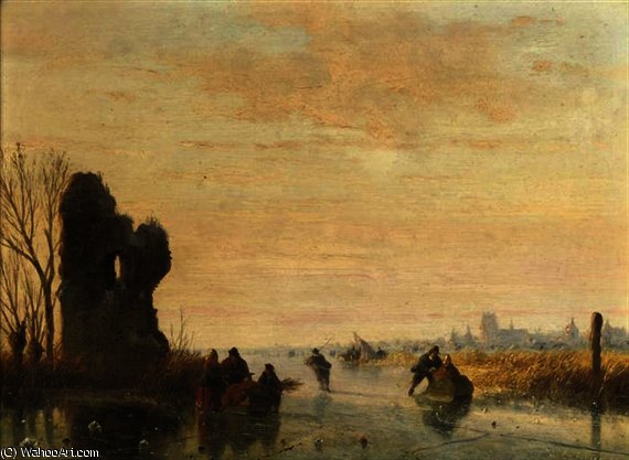Wikioo.org - The Encyclopedia of Fine Arts - Painting, Artwork by Nicolaas Johannes Roosenboom - Activities on the ice, with dordrecht in the distance