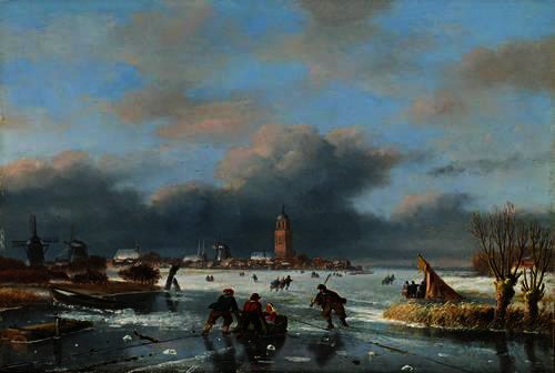 Wikioo.org - The Encyclopedia of Fine Arts - Painting, Artwork by Nicolaas Johannes Roosenboom - Figures skating on a frozen river