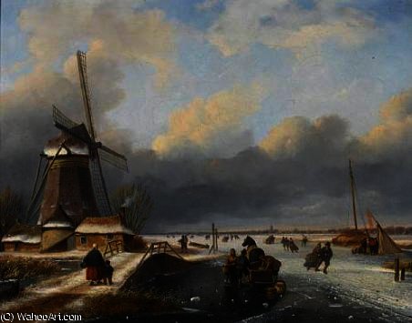Wikioo.org - The Encyclopedia of Fine Arts - Painting, Artwork by Nicolaas Johannes Roosenboom - Skaters on a frozen river