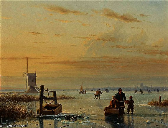 Wikioo.org - The Encyclopedia of Fine Arts - Painting, Artwork by Nicolaas Johannes Roosenboom - Skaters on a frozen waterway, windmills in the distance
