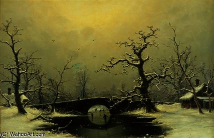 WikiOO.org - Encyclopedia of Fine Arts - Lukisan, Artwork Nils Hans Christiansen - Skaters in a frozen winter landscape
