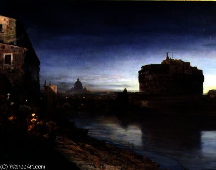 Wikioo.org – L'Enciclopedia delle Belle Arti - Pittura, Opere di Oswald Achenbach - Castel Sant' Angelo al crepuscolo