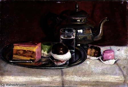 Wikioo.org - สารานุกรมวิจิตรศิลป์ - จิตรกรรม Pericles Pantazis - Still Life with Cakes and a Silver Teapot