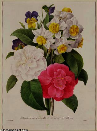 WikiOO.org – 美術百科全書 - 繪畫，作品 Pierre Joseph Redouté - 山茶花 水仙  和  三色紫罗兰