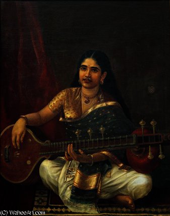 Wikioo.org - The Encyclopedia of Fine Arts - Painting, Artwork by Raja Ravi Varma - Young Woman with a Veena