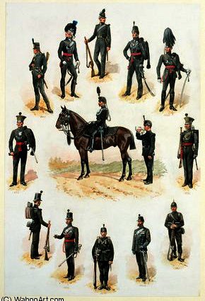 Wikioo.org - The Encyclopedia of Fine Arts - Painting, Artwork by Richard Simkin - Uniforms of the Rifle Brigade