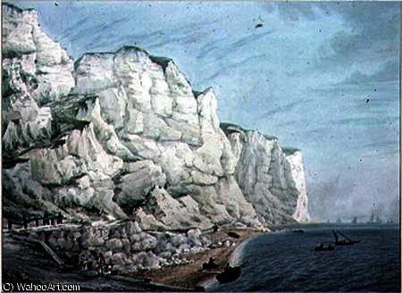WikiOO.org - دایره المعارف هنرهای زیبا - نقاشی، آثار هنری Samuel Atkins - Study of Cliffs - Sailing Vessels in the Offing and Small Boats with Figures near Shore