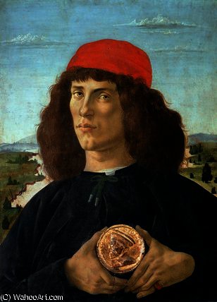 Wikioo.org – La Enciclopedia de las Bellas Artes - Pintura, Obras de arte de Sandro Botticelli - Retrato de un jóven hombre la celebración de una medallón de cosme Yo de' Medici