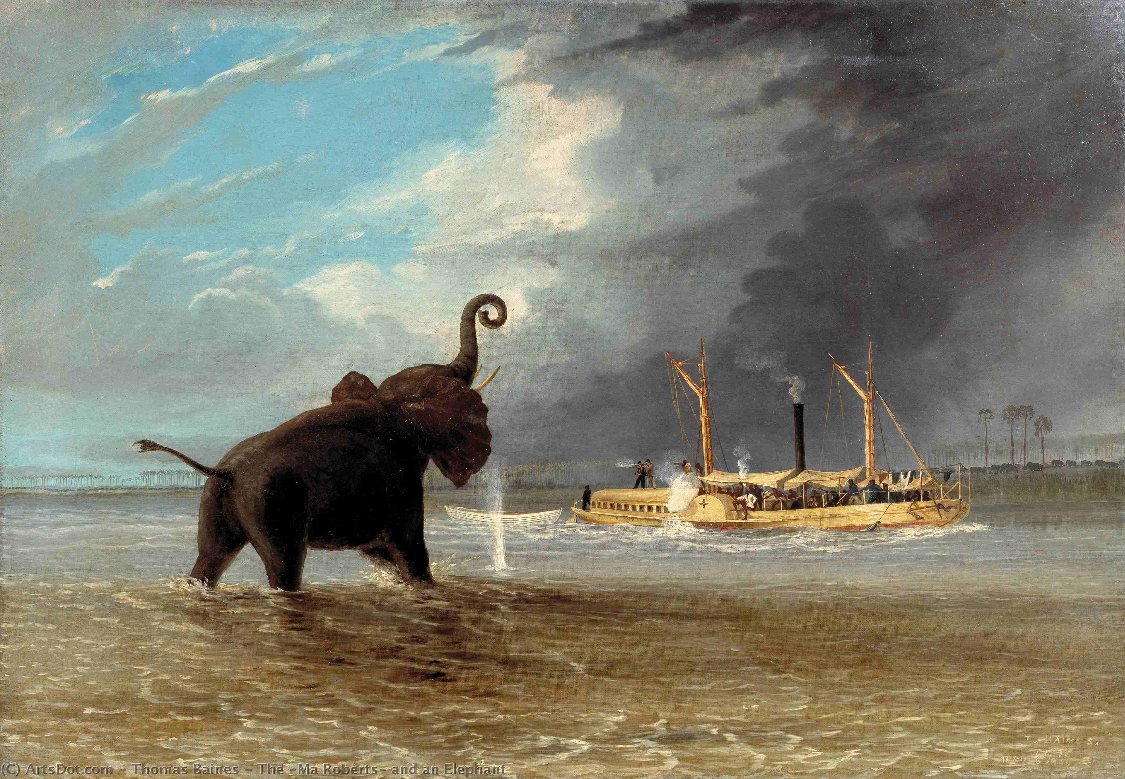 Wikioo.org - The Encyclopedia of Fine Arts - Painting, Artwork by Thomas Baines - The Ma Roberts and Elephant in the Shallows Shire River Lower Zambezi
