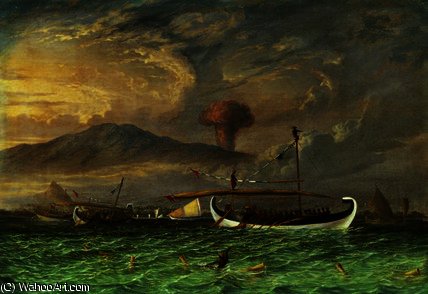WikiOO.org - Encyclopedia of Fine Arts - Lukisan, Artwork Thomas Baines - Volcano and fishing proas near Passoeroean