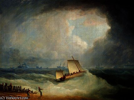 Wikioo.org - The Encyclopedia of Fine Arts - Painting, Artwork by Thomas Buttersworth - A Deal Lugger Going off to a Storm-bound Ship