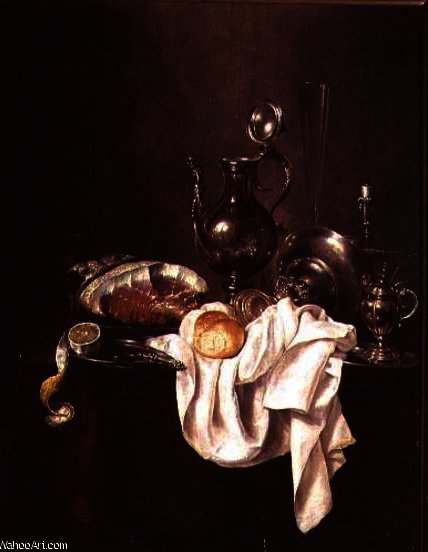 Wikioo.org - สารานุกรมวิจิตรศิลป์ - จิตรกรรม Willem Claesz Heda - Still Life of Ham and Silver Plate