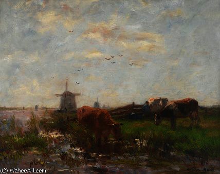 Wikoo.org - موسوعة الفنون الجميلة - اللوحة، العمل الفني Willem Maris - Cattle Grazing at the Water's Edge