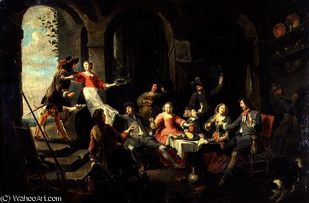 Wikioo.org - The Encyclopedia of Fine Arts - Painting, Artwork by Willem Van Herp - Elegant Company Merrymaking in an Interior with Servants in Attendance