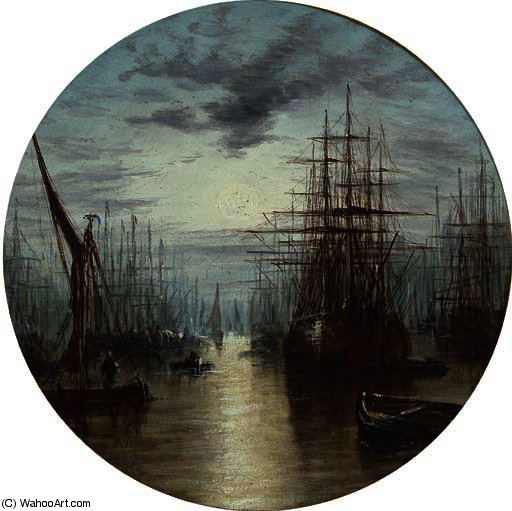Wikioo.org - สารานุกรมวิจิตรศิลป์ - จิตรกรรม William A. Thornley (Thornbery) - A moonlit harbour