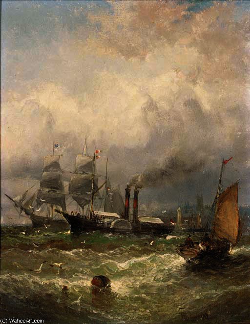 WikiOO.org - Encyclopedia of Fine Arts - Schilderen, Artwork William A. Thornley (Thornbery) - A paddlesteamer and other shipping off a harbour mouth