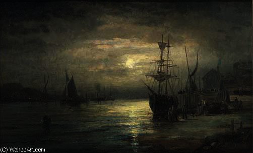 Wikoo.org - موسوعة الفنون الجميلة - اللوحة، العمل الفني William Thornley - Shipping on the medway by moon