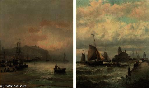 Wikioo.org - สารานุกรมวิจิตรศิลป์ - จิตรกรรม William A. Thornley (Thornbery) - Unloading near dover, dusk; and a stiff breeze off the pier