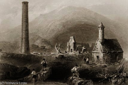 Wikoo.org - موسوعة الفنون الجميلة - اللوحة، العمل الفني William Henry Bartlett - The Ruins at Glendalough