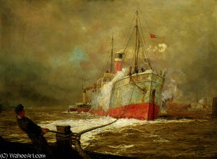 Wikioo.org - The Encyclopedia of Fine Arts - Painting, Artwork by William Lionel Wyllie - Docking a Cargo Ship