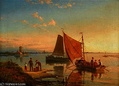 Wikioo.org - The Encyclopedia of Fine Arts - Painting, Artwork by William Raymond Dommersen - Sailing boats and a row boat off a harbor_2