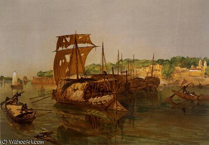Wikoo.org - موسوعة الفنون الجميلة - اللوحة، العمل الفني William Simpson - Boats on the Ganges