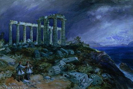 WikiOO.org - Encyclopedia of Fine Arts - Lukisan, Artwork William Simpson - The Temple of Poseidon, Sunium