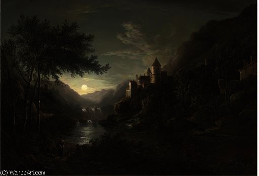 WikiOO.org - دایره المعارف هنرهای زیبا - نقاشی، آثار هنری Abraham Pether - Figures beside a moonlit river with a castle on a hillside