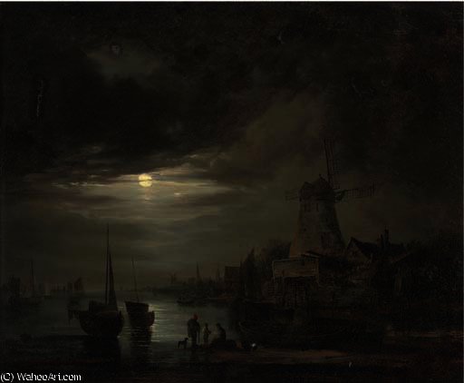 WikiOO.org - Encyclopedia of Fine Arts - Maalaus, taideteos Abraham Pether - Figures on the bank of a river, by moonlight