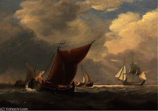 WikiOO.org - Encyclopedia of Fine Arts - Maľba, Artwork Charles Martin Powell - An english flagship heaving-to off the dutch coast with barges inshore