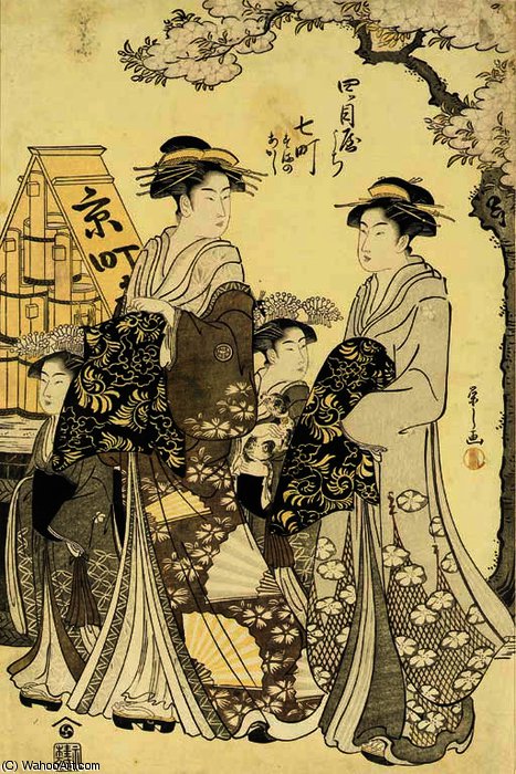 WikiOO.org - Encyclopedia of Fine Arts - Maľba, Artwork Chōbunsai Eishi - Nanamachi of the Yotsumeya walking with attendants Sumano and Akashi under a cherry tree