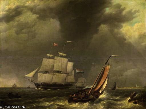 Wikioo.org - สารานุกรมวิจิตรศิลป์ - จิตรกรรม Johannes Hermanus Koekkoek - A frigat under sail by a coast