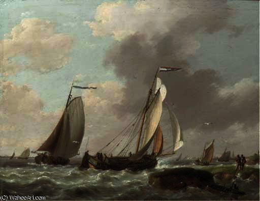 Wikioo.org - สารานุกรมวิจิตรศิลป์ - จิตรกรรม Johannes Hermanus Koekkoek - Shipping by a coast in a brisk wind