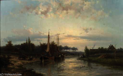 WikiOO.org - Güzel Sanatlar Ansiklopedisi - Resim, Resimler Johannes Hermanus Koekkoek - Unloading the riverbarges in summer