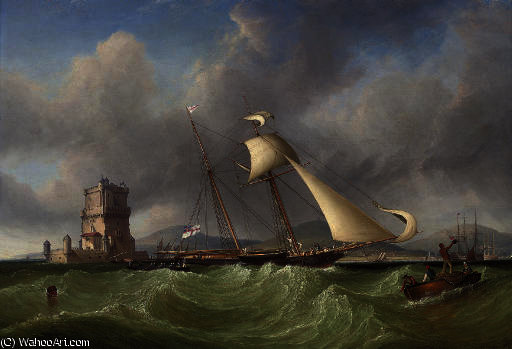 Wikioo.org - The Encyclopedia of Fine Arts - Painting, Artwork by John Christian Schetky - Lord belfast's yacht emily hove-to for her owner to come aboard, off the belem tower, at the mouth of the tagus, lisbon