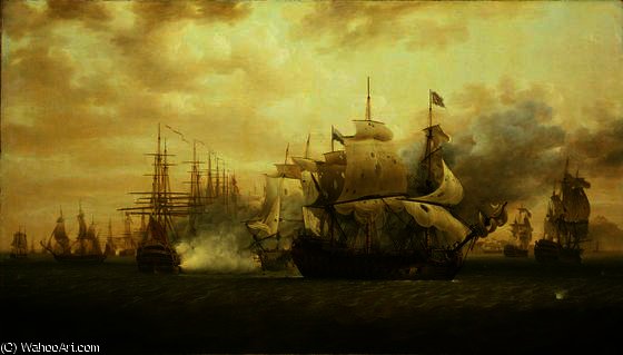 WikiOO.org - 백과 사전 - 회화, 삽화 Nicholas Pocock - Hood's anchored fleet repels De Grasse at the Battle of Frigate Bay off St Kitts