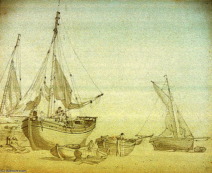 WikiOO.org - Güzel Sanatlar Ansiklopedisi - Resim, Resimler Nicholas Pocock - Men working on beached fishing vessels