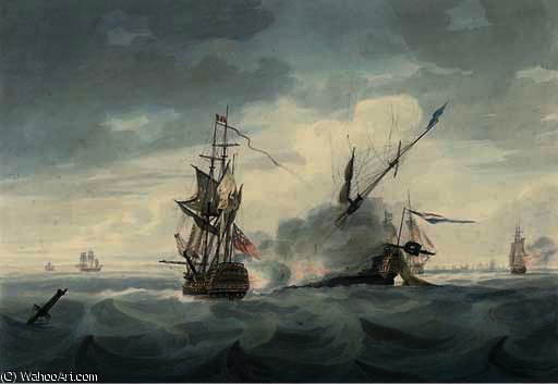 Wikioo.org - The Encyclopedia of Fine Arts - Painting, Artwork by Samuel Owen - H.m.s. director raking the dutch flagship vrijheid, during the battle of camperdown