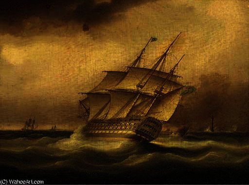 Wikioo.org - The Encyclopedia of Fine Arts - Painting, Artwork by Thomas Buttersworth - A royal naval first rate heeling in the wind off the eddystone lighthouse