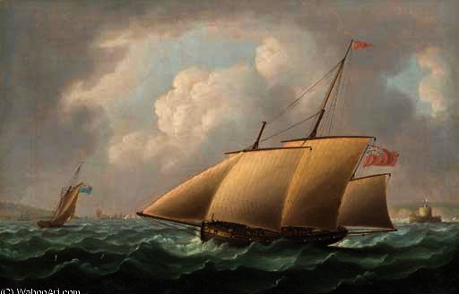 Wikioo.org - The Encyclopedia of Fine Arts - Painting, Artwork by Thomas Buttersworth - An armed naval lugger patrolling off the mouth of the tagus with the belem tower in the far distance off her starboard bow