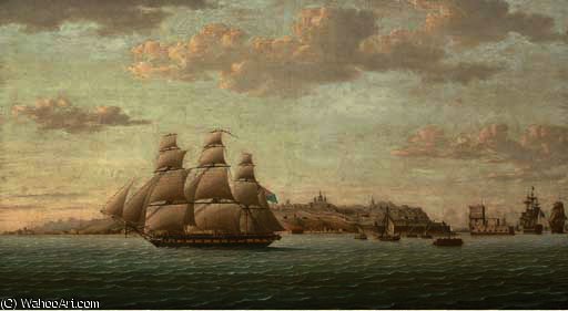 WikiOO.org - Encyclopedia of Fine Arts - Målning, konstverk Thomas Buttersworth - Captain lord cochrane's frigate pallas leaving the tagus under full sail, the city of lisbon beyond and the belem tower receding astern