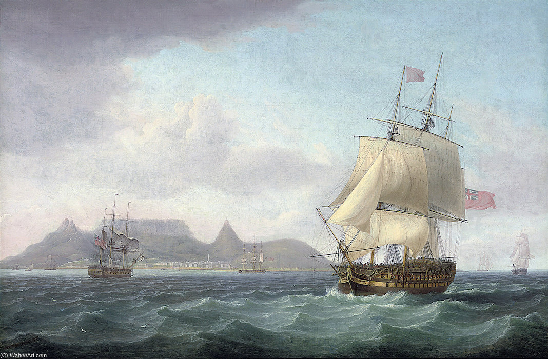 Wikioo.org - The Encyclopedia of Fine Arts - Painting, Artwork by Thomas Whitcombe - View of Cape Town, Table Bay, Cape of Good Hope, with a seventy-four gun ship lying-to for convoy
