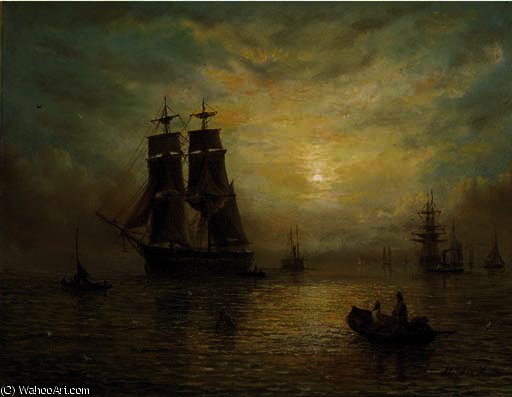 Wikioo.org - The Encyclopedia of Fine Arts - Painting, Artwork by Adolphus Knell - A merchantman and other shipping running in to port at dusk