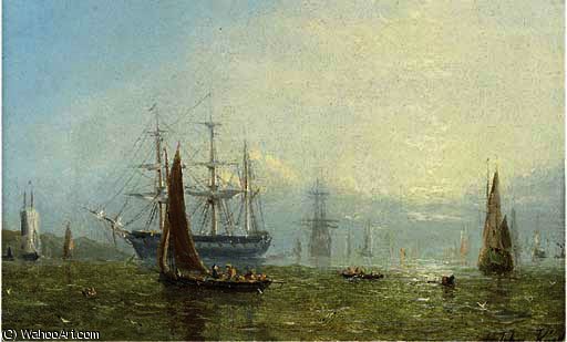 WikiOO.org - Enciclopedia of Fine Arts - Pictura, lucrări de artă Adolphus Knell - A three-master at anchor off a harbour mouth surrounded by extensive shipping